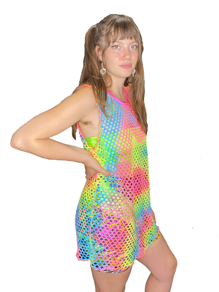 Rainbow Fishnet Tank Top with Pink Binding