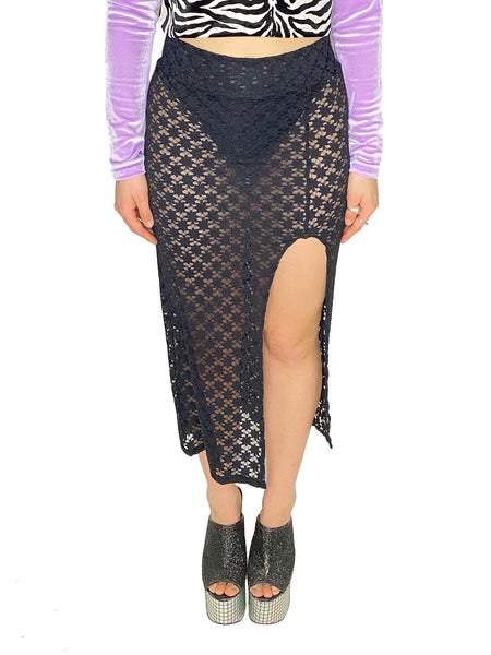 Black Lace Midi Skirt with Slit