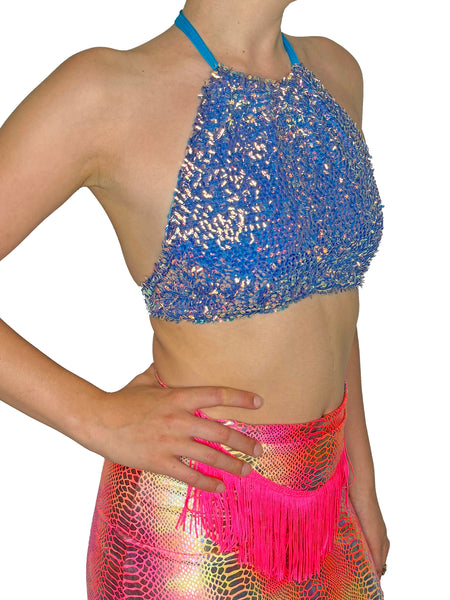 Blue Sequin Halter Top