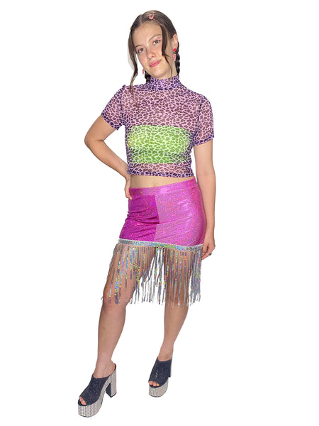 Pink Sequin Fringe Mini Skirt