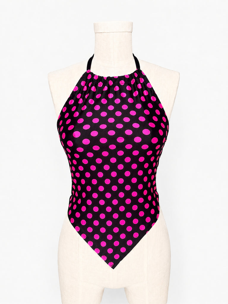 Pink Polka Dot Lace Up Halter Top