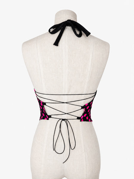 Pink Polka Dot Lace Up Halter Top