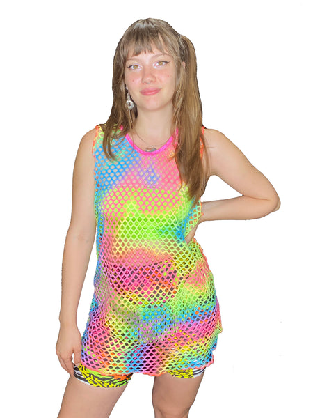 Rainbow Fishnet Tank Top with Pink Binding