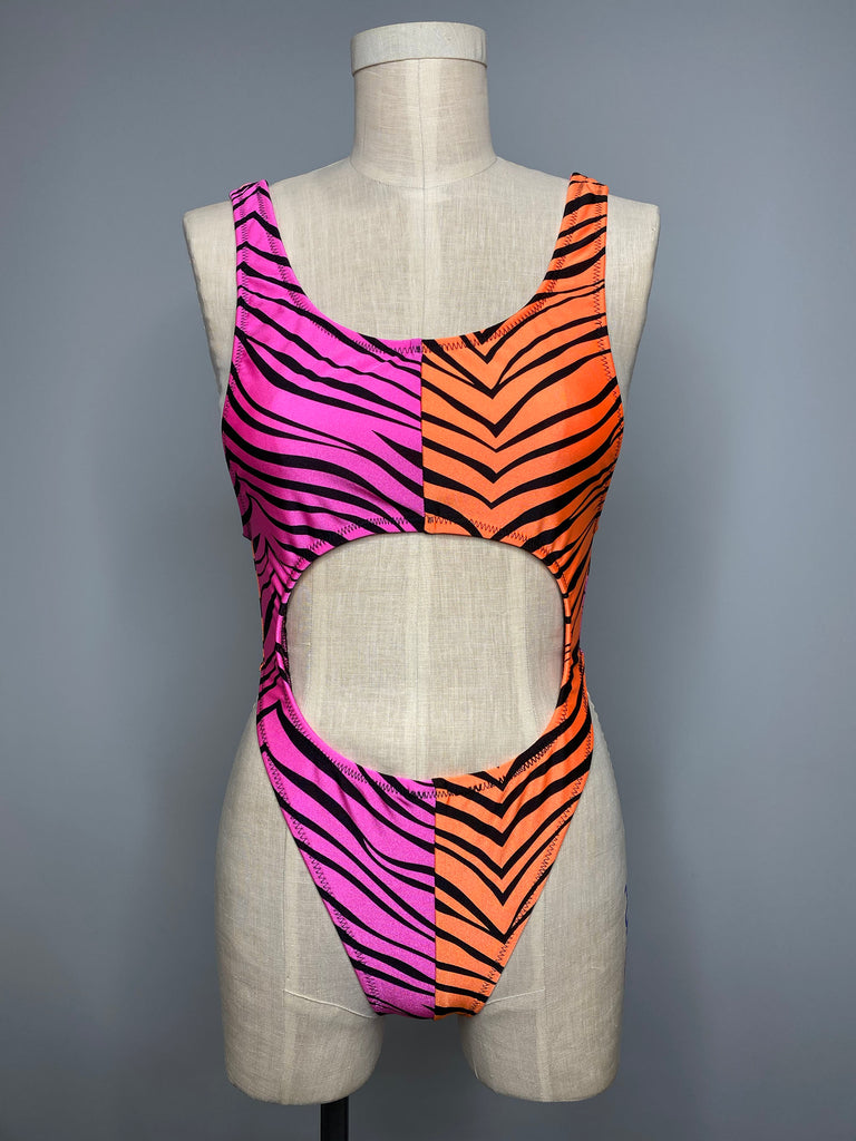 Zebra High Cut Open Ab Bodysuit