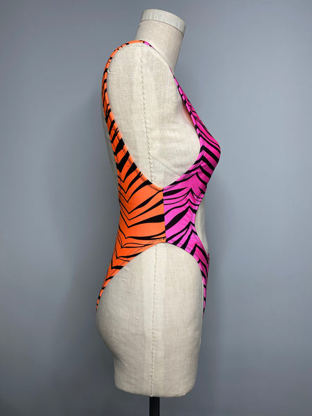 Zebra High Cut Open Ab Bodysuit