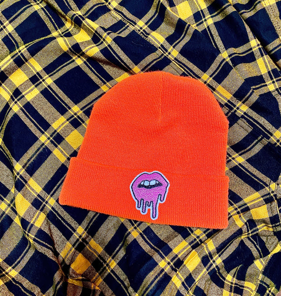 Neon Orange Drippy Lips Beanie